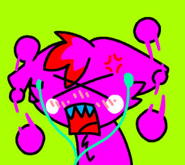 a bright pink sparkle cat with red dyed tips. he's waving his arms wildly about and has an agitated expression on his face. he's listening to something in his earphones...