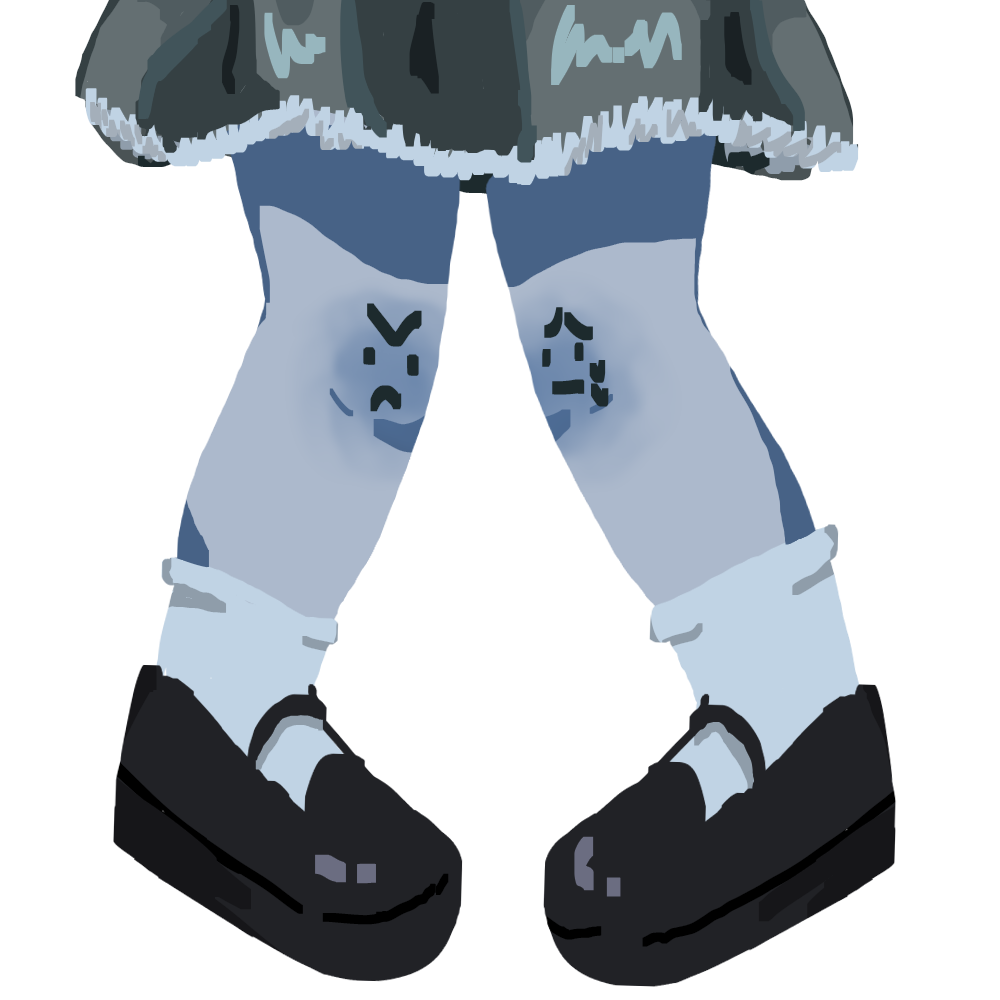 logo of my band KNEES MEAN NOTHING! it's some legs with a skirt and platform mary janes. there are faces drawn onto the knees.